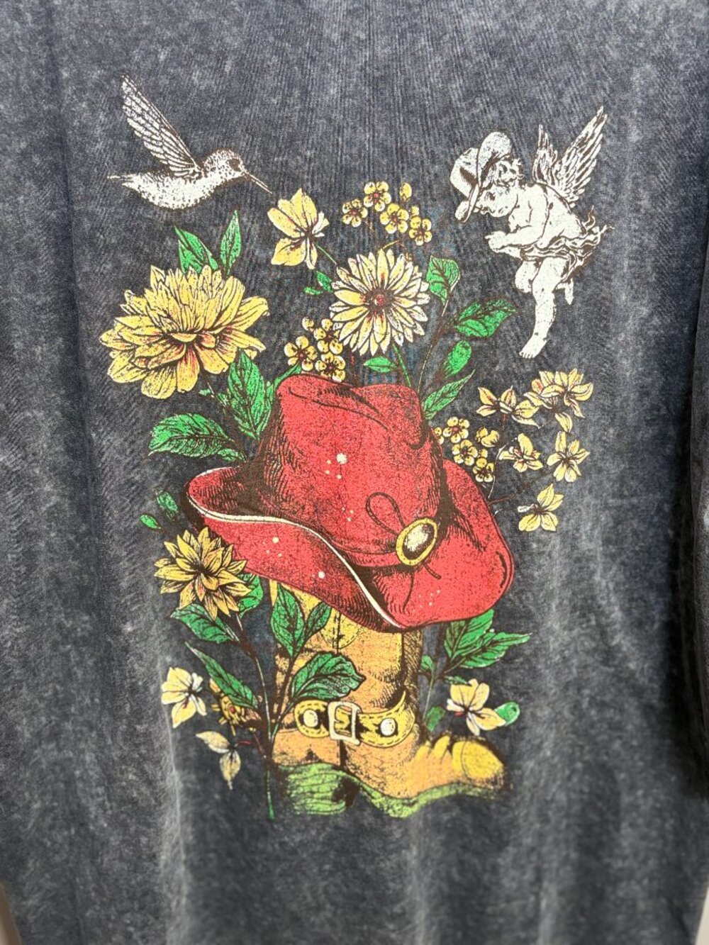 Zutter Western Graphic Acid Wash Tee Charcoal Grey Large Cowboy Boot Sunflower - Picture 3 of 5